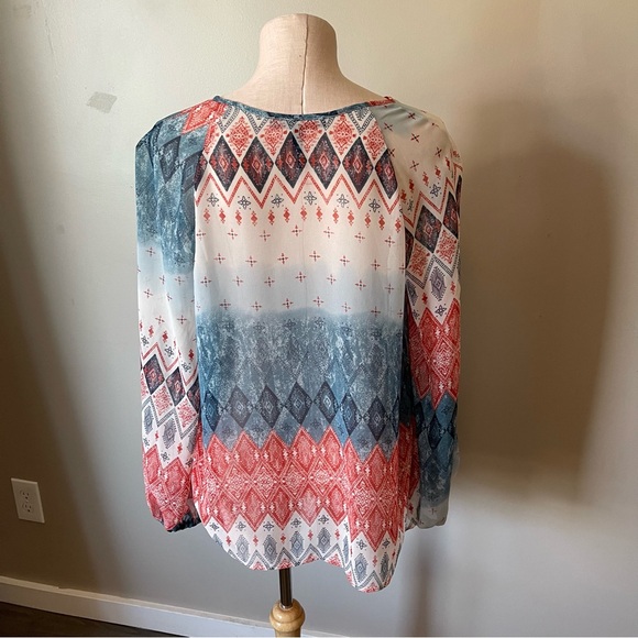 BCBGMAXAZRIA Ruffle Sleeve Long Sleeve Blouse with Boho Print - Picture 2 of 7